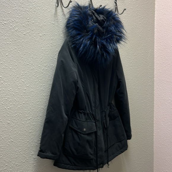 Rachel Roy Black Coat Blue Faux Fur Trim Size S - Picture 2 of 7